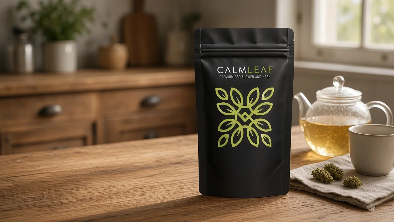 Calm Leaf hemp tea pouch beside a glass teapot on a kitchen table
