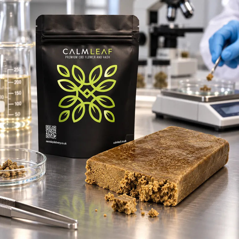 Calm Leaf pouch beside a solid extract block on a laboratory bench, with a sample being weighed on digital scales