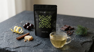 Cup of brewed hemp tea next to loose hemp tea flower