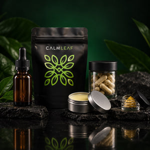 Calm Leaf hemp tea pouch with CBD oil, capsules, balm and solid extract