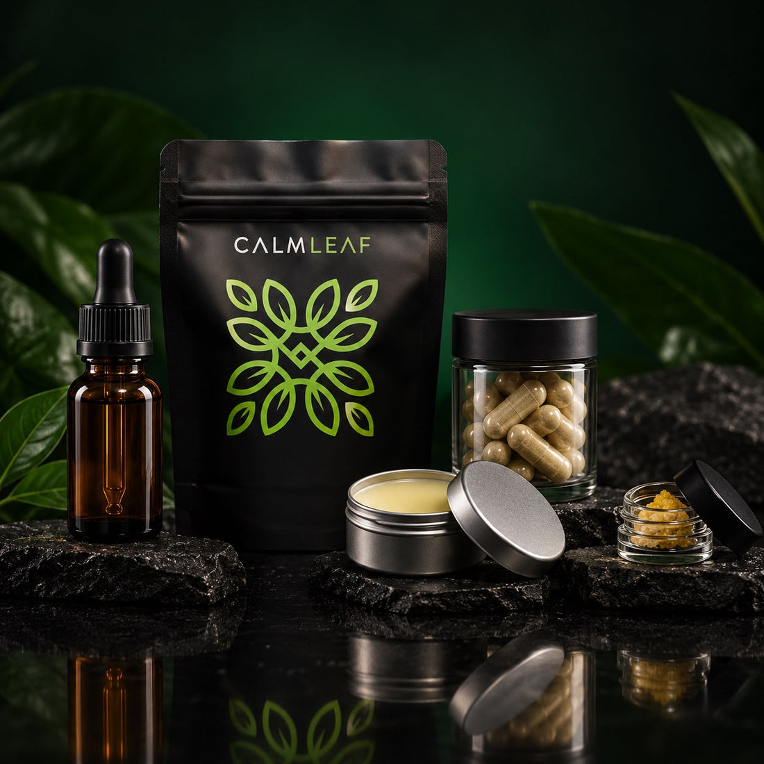 Calm Leaf pouch with CBD oil, capsules, gummies, balm and solid extract formats