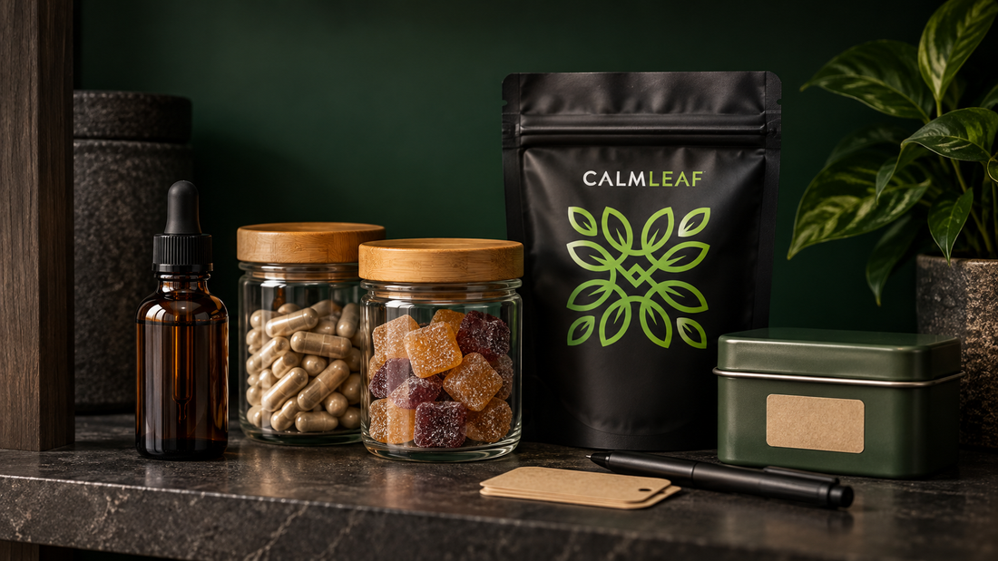 Calm Leaf pouch with CBD oil, capsules and gummies stored in sealed containers