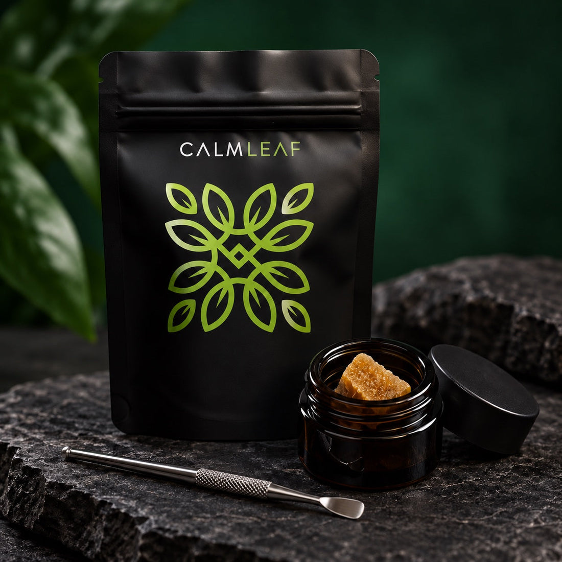Calm Leaf pouch beside solid botanical extract in an amber glass container