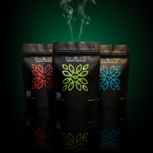 Three Calm Leaf product packs against a dark background