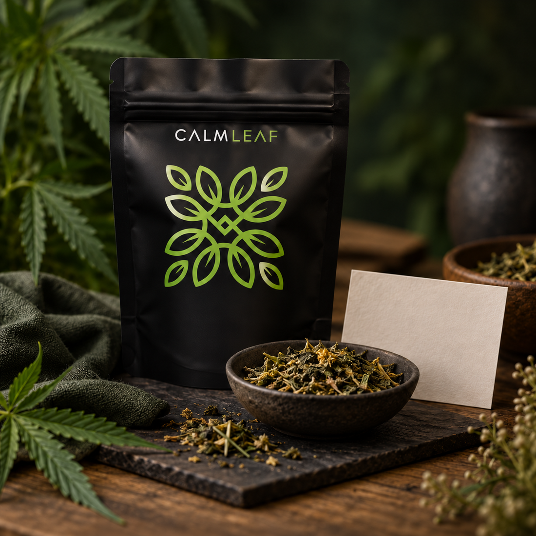Calm Leaf hemp tea pouch beside loose tea and a blank batch card