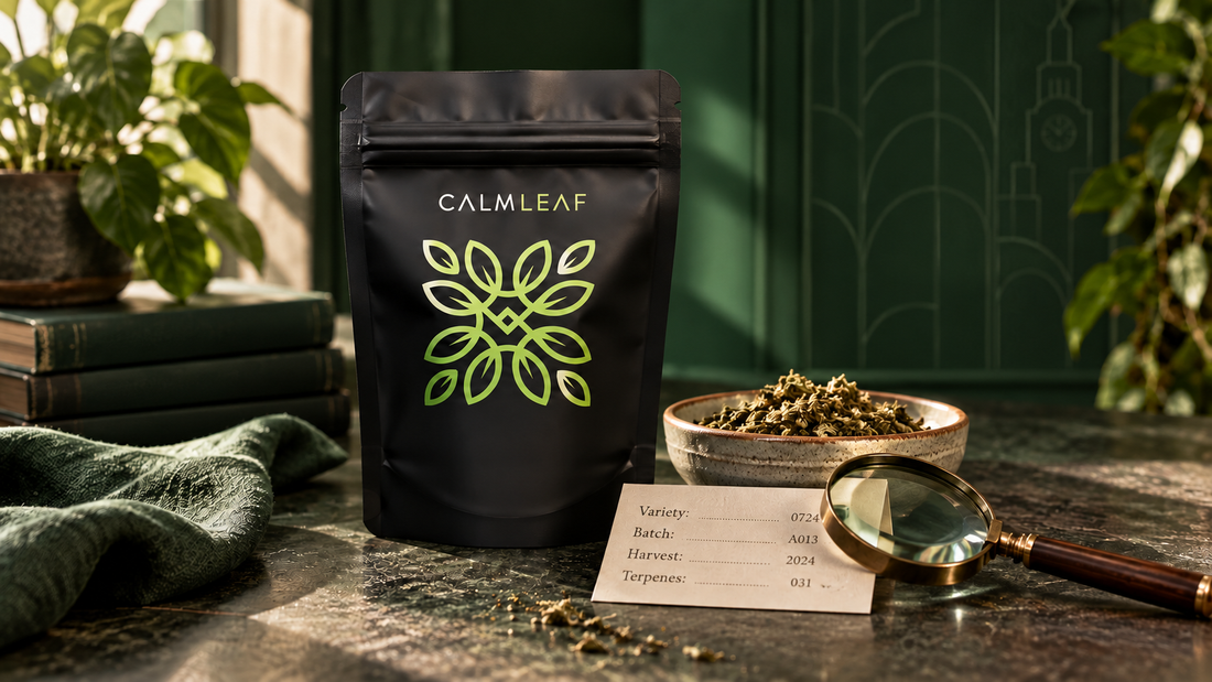 Calm Leaf hemp tea pouch with loose tea, batch card and magnifying glass