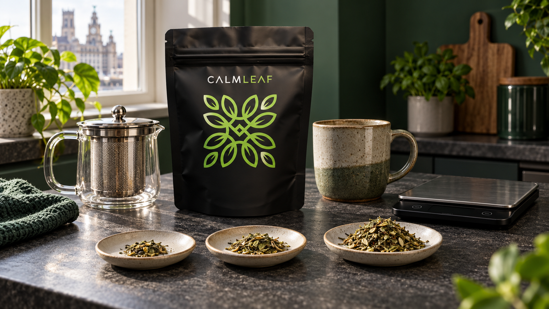 Calm Leaf hemp tea pouch with infuser, mug, scales and three measured portions