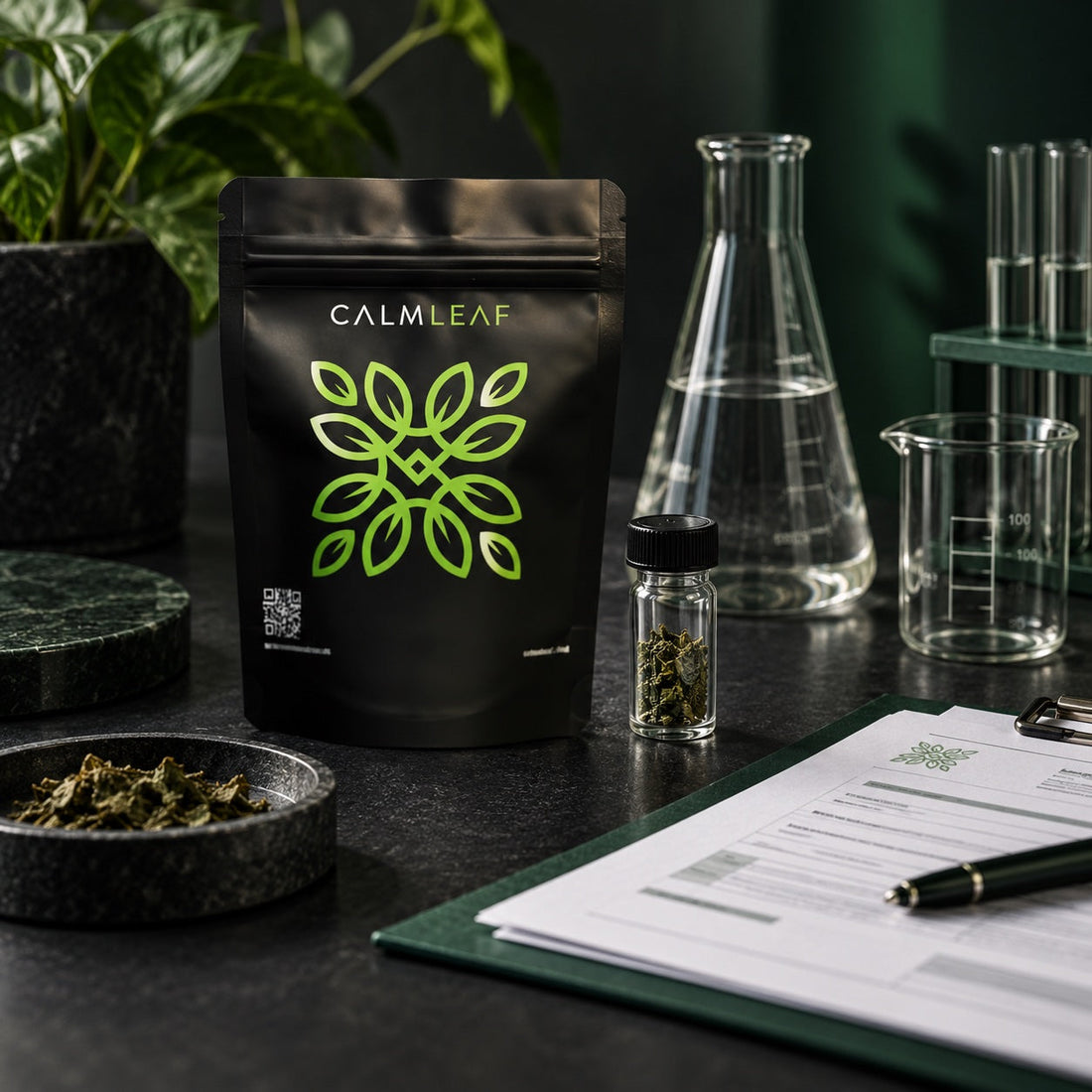 Calm Leaf pouch beside laboratory glassware and testing paperwork