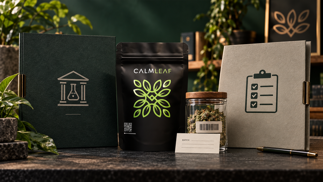 Calm Leaf pouch between independent laboratory and internal quality-check folders