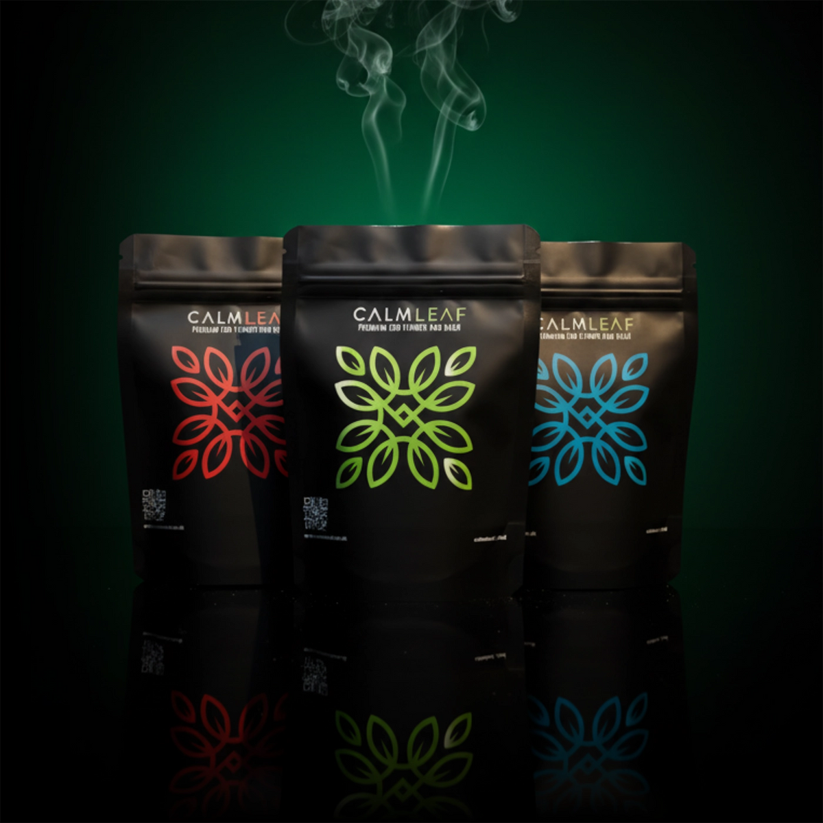 Three Calmleaf packages with colorful logos on a dark background