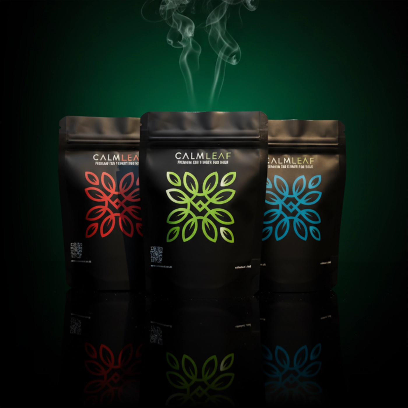 Three Calmleaf packages with colorful logos on a dark background