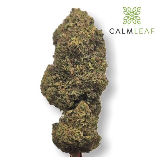 Close-up of hemp tea with 'Calm Leaf' logo on a white background