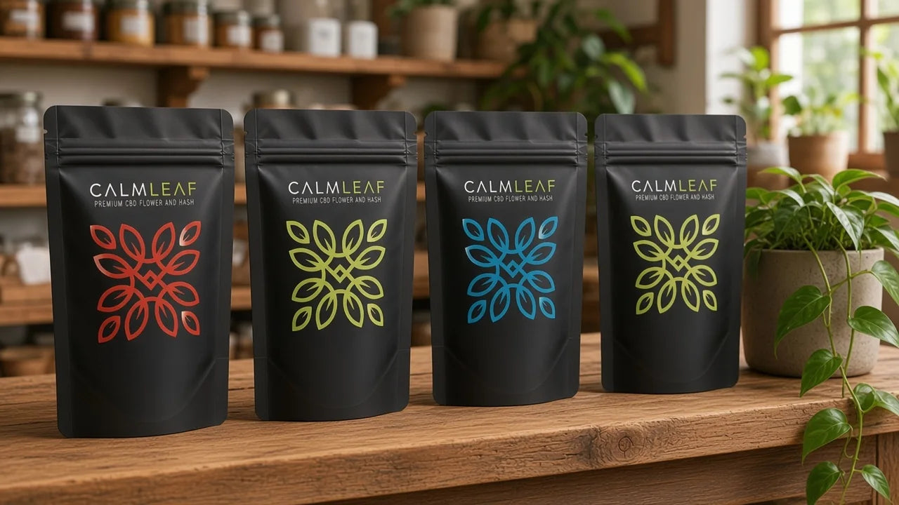 Calm Leaf pouches on a shop shelf