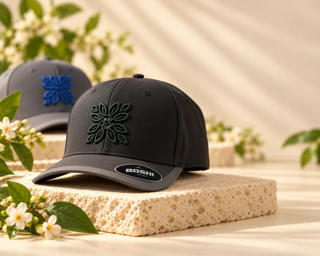 Calm Leaf embroidered snapback caps on a stone plinth